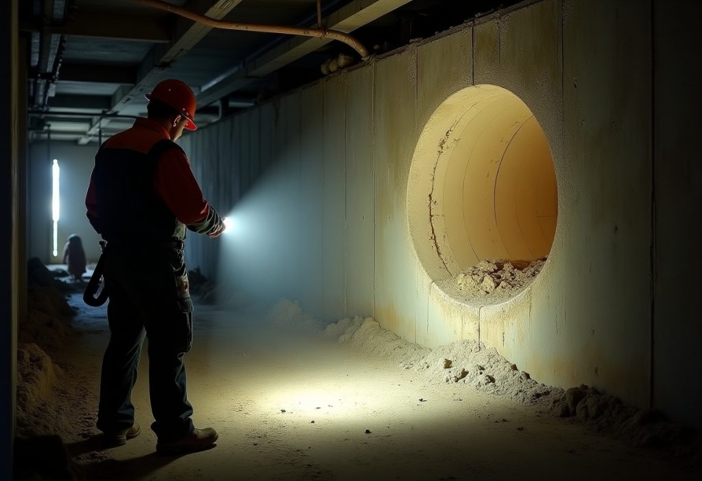 Flashlight illuminating waxy grease buildup and wipes stuck to sewer pipe wall