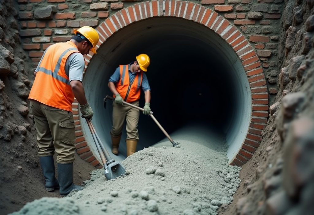 Worker in waders scraping a large blockage inside a brick sewer tunnel