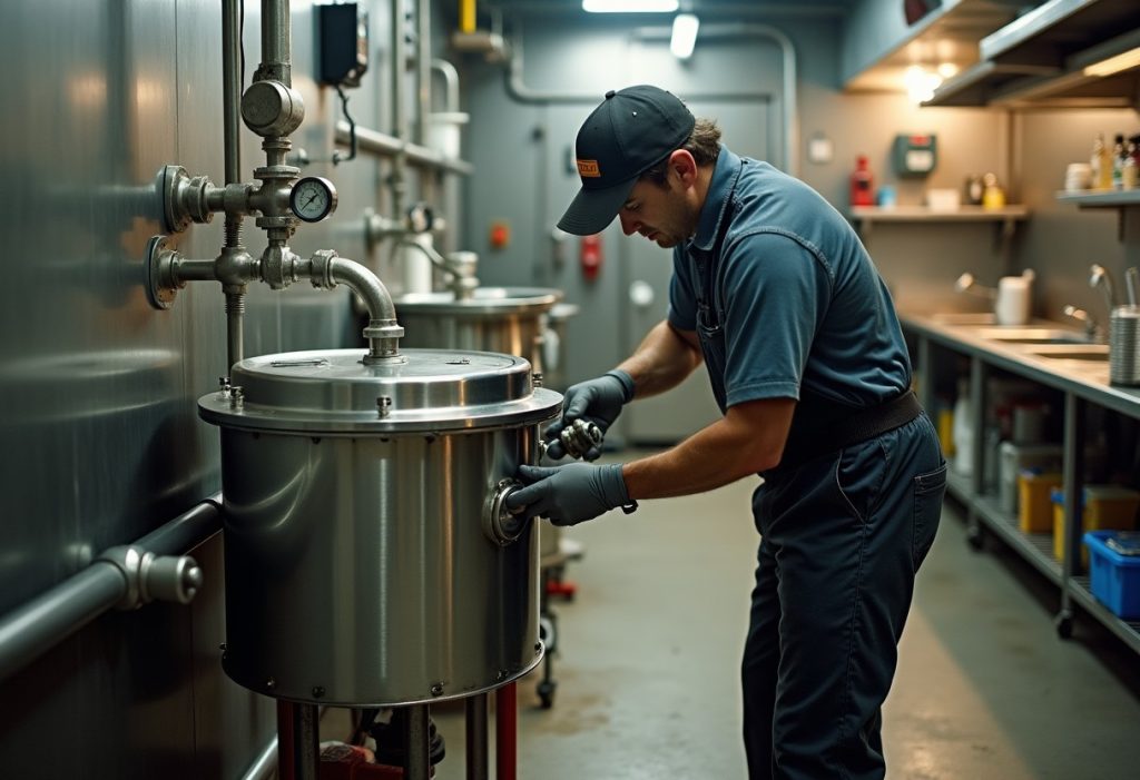 Technician opening a stainless steel grease interceptor in a restaurant kitchen