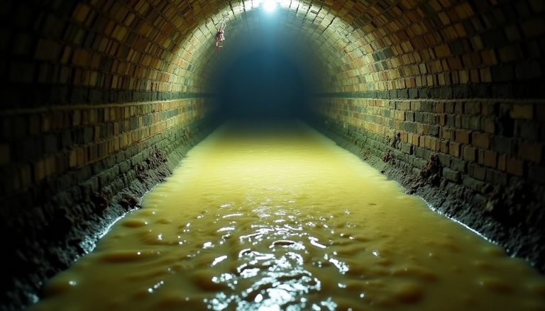 A large pale congealed mass of grease and debris filling the bottom of a brick sewer tunnel, lit by a single work light,