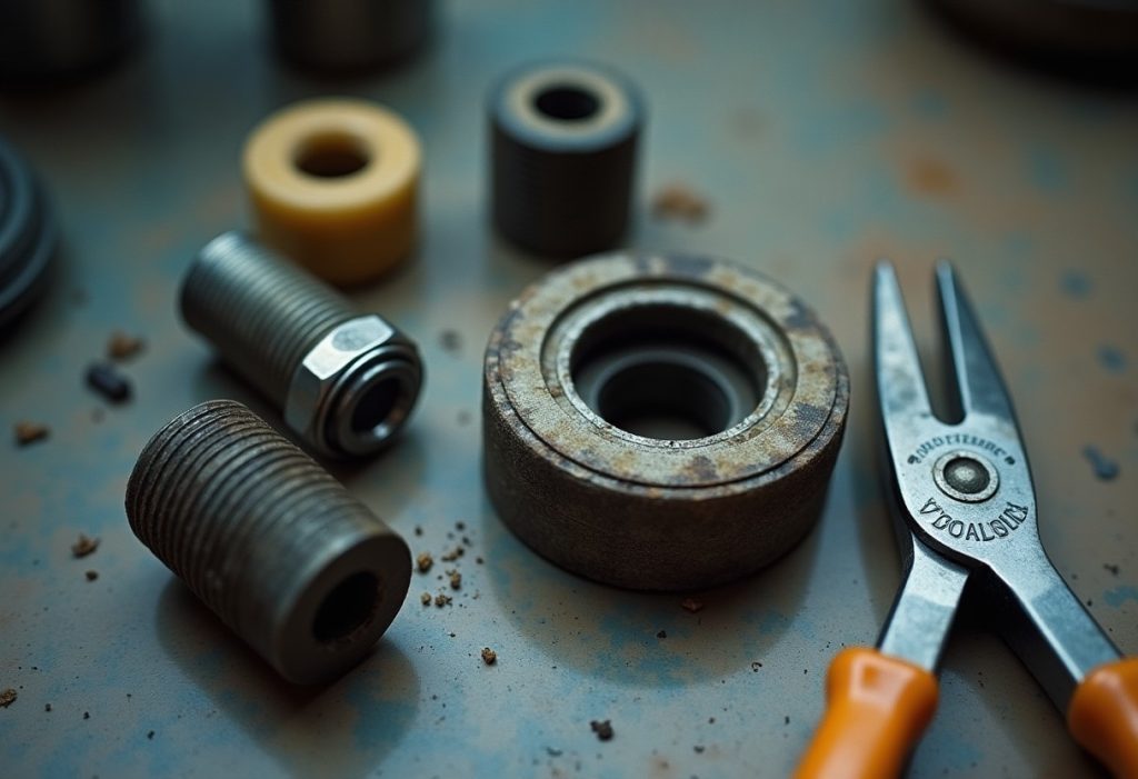 Various faucet aerators of different sizes and thread types laid out on a workbench