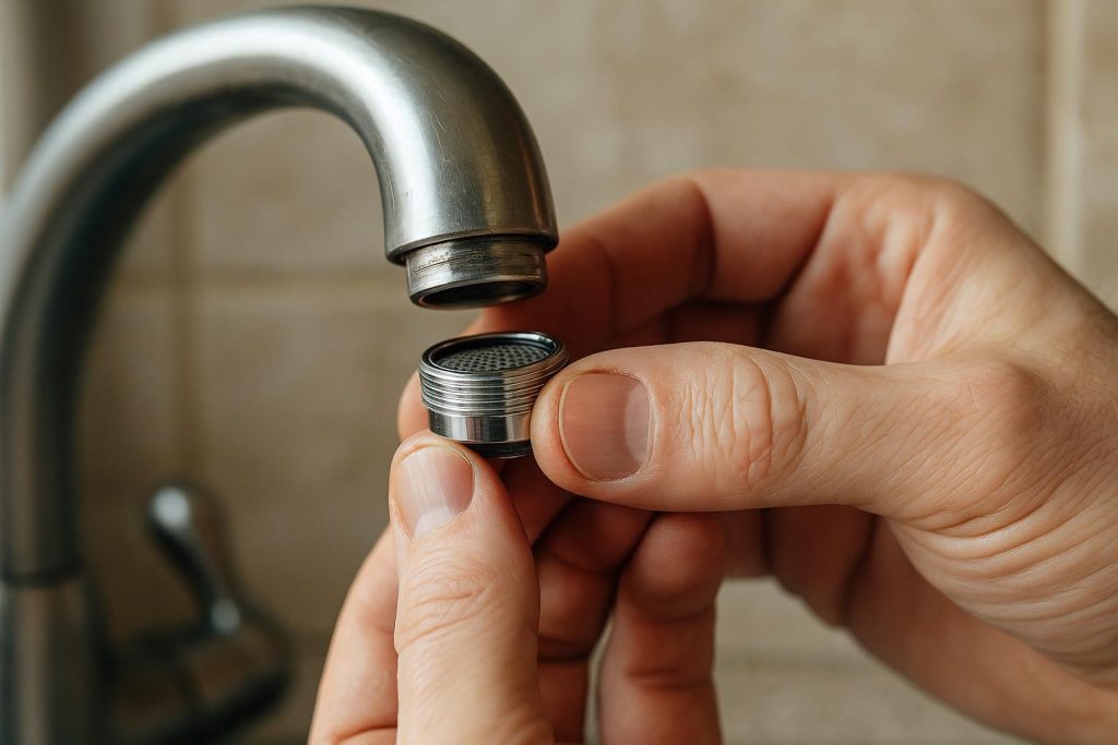 A hand unscrewing a faucet aerator from a kitchen faucet