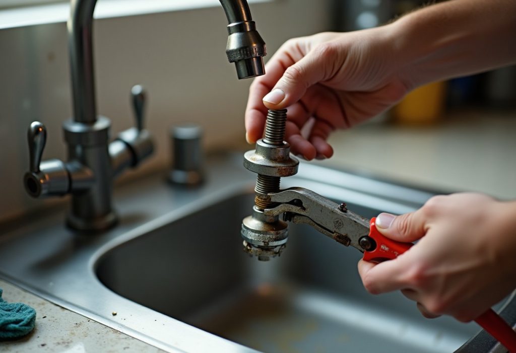 Hands removing a corroded aerator from a faucet spout with pliers beside a new replacement part