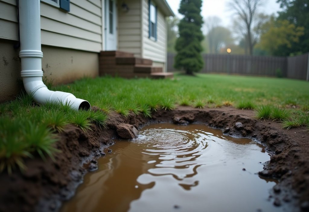 Pooled water in a backyard lawn near a house foundation after rain