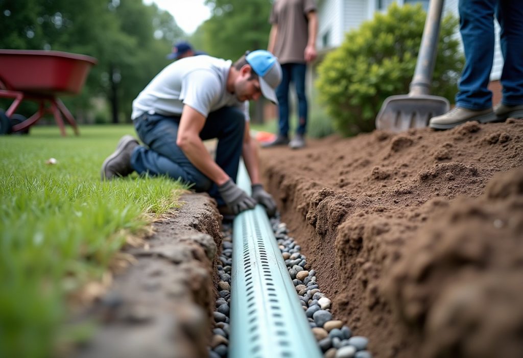 Worker installing perforated pipe in a gravel-lined trench in a yard