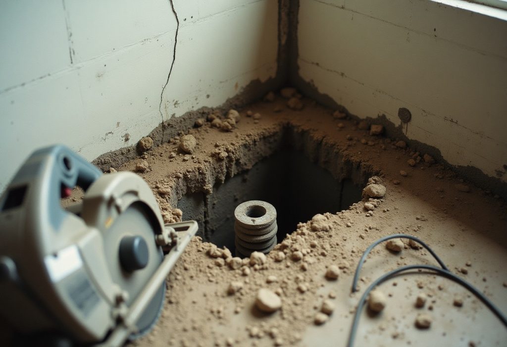 Cut concrete slab in a basement exposing soil and drain pipe