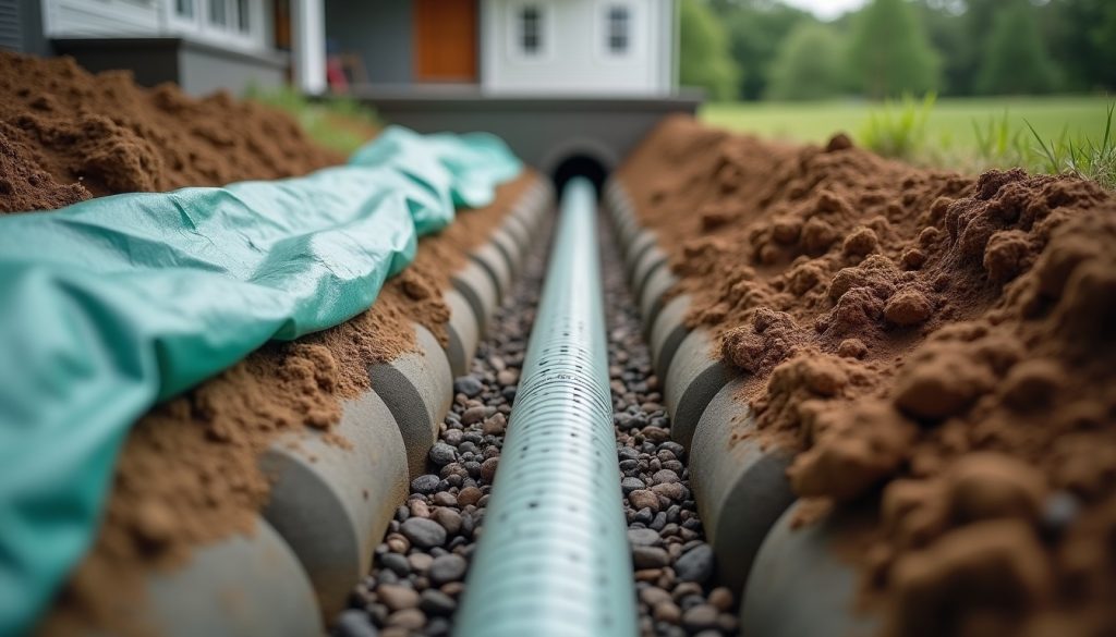 A freshly dug French drain trench along a house foundation with perforated pipe on a bed of washed gravel and landscape
