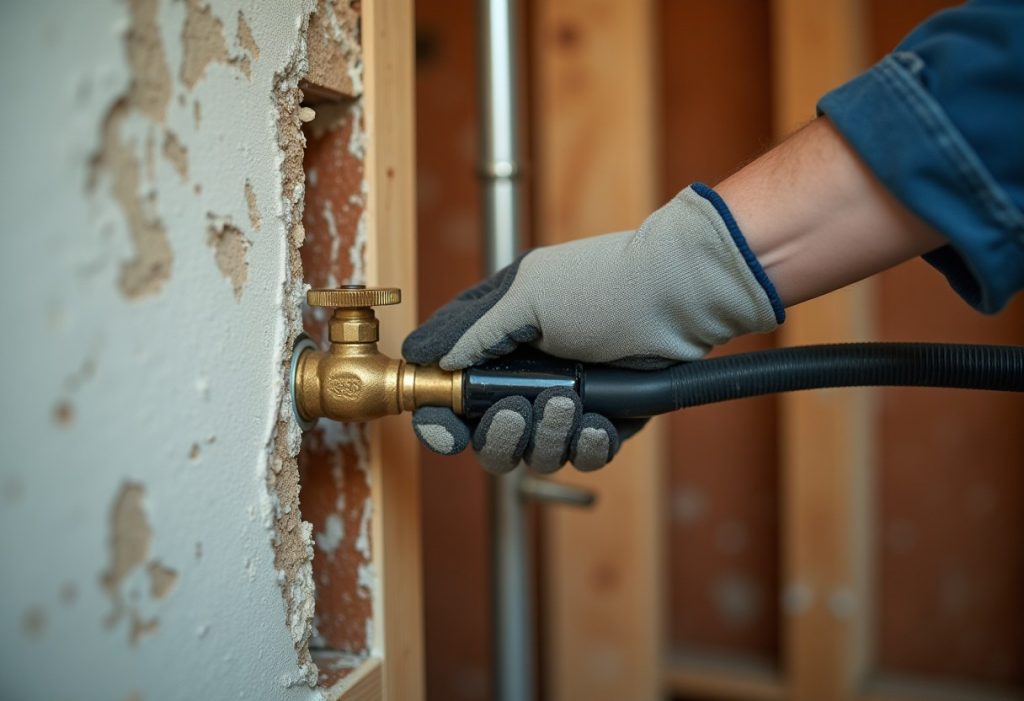 Hand holding a long brass faucet stem against exposed wall studs and insulation