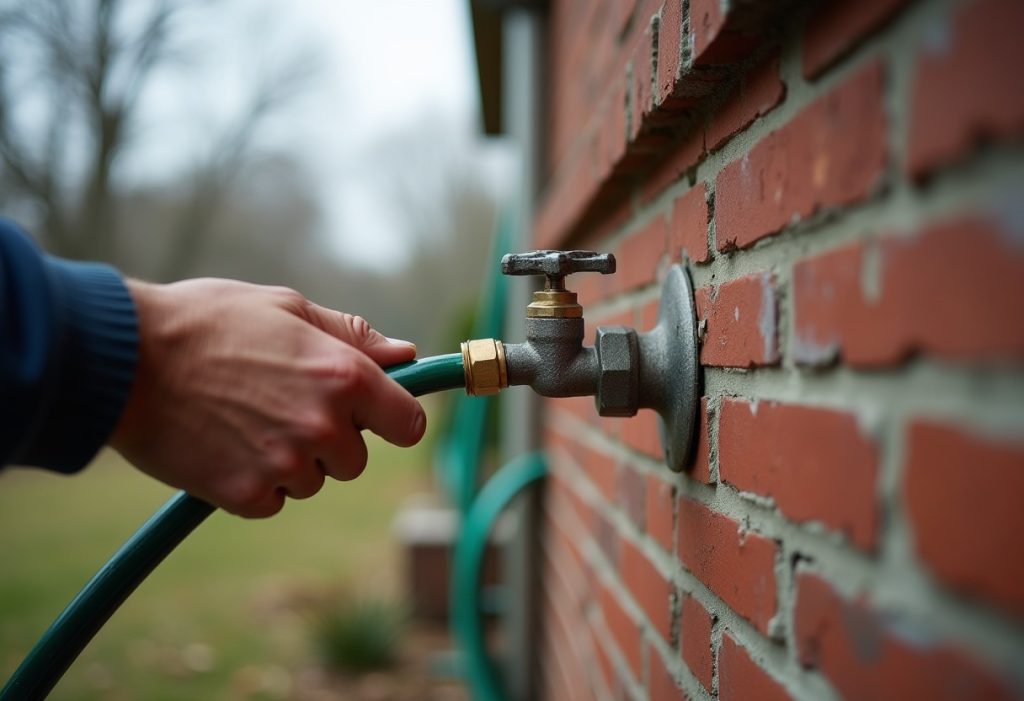Homeowner removing a garden hose from an outdoor faucet on a brick wall