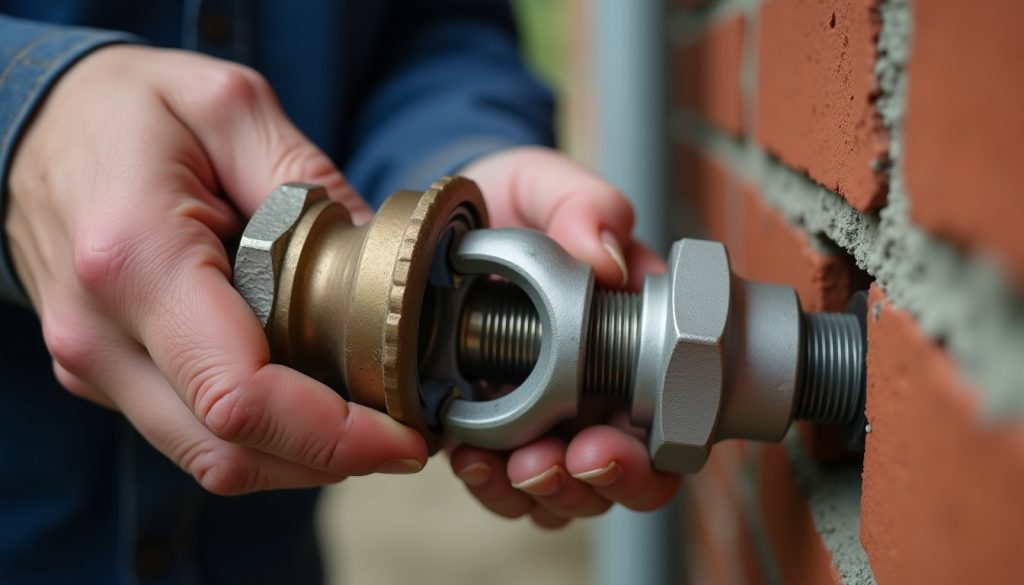 Technician's hands holding a disassembled frost-free sillcock with long stem beside brick wall outdoors.