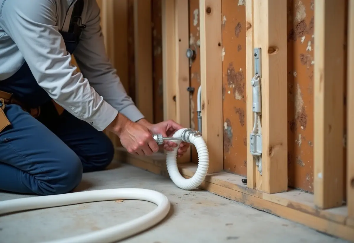 Plumber routing PEX tubing through wall studs next to copper pipe on drop cloth