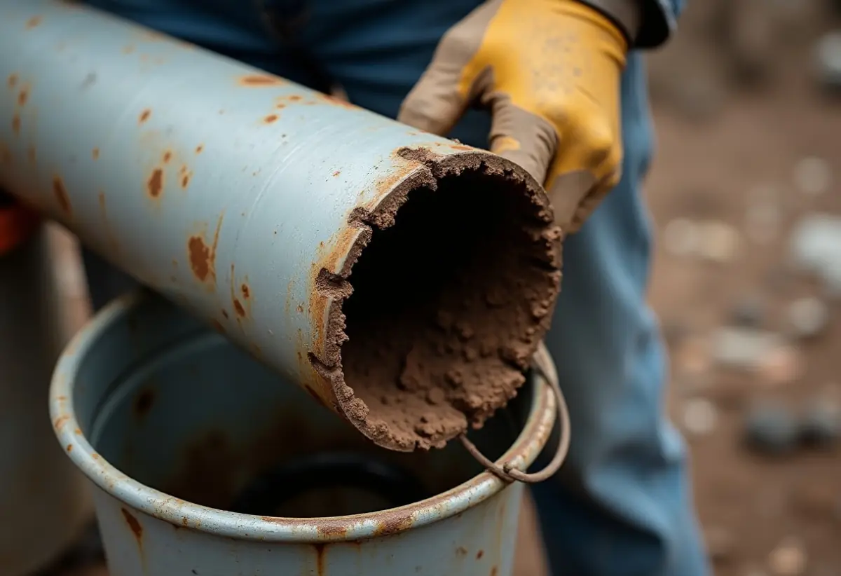 Cutaway of corroded galvanized pipe showing rust buildup narrowing the interior