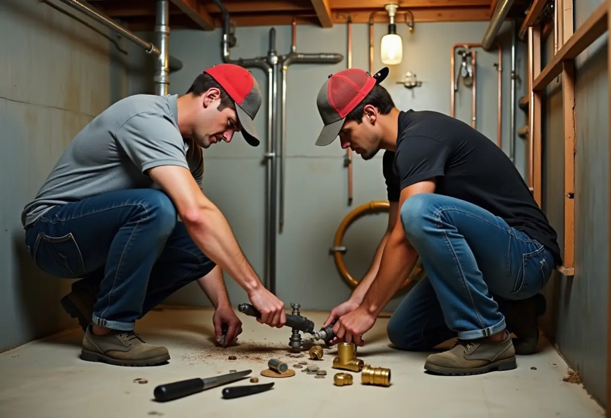 Two plumbers capping galvanized pipe and soldering copper fitting in a basement