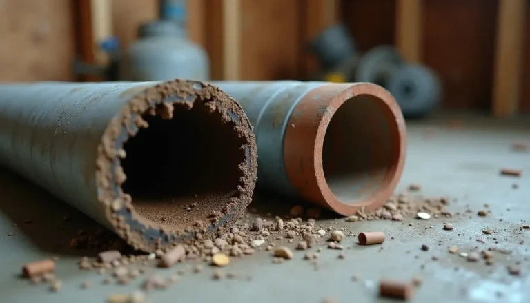 A cut section of old galvanized steel water pipe showing heavy rust and mineral buildup narrowing the inside, lying next