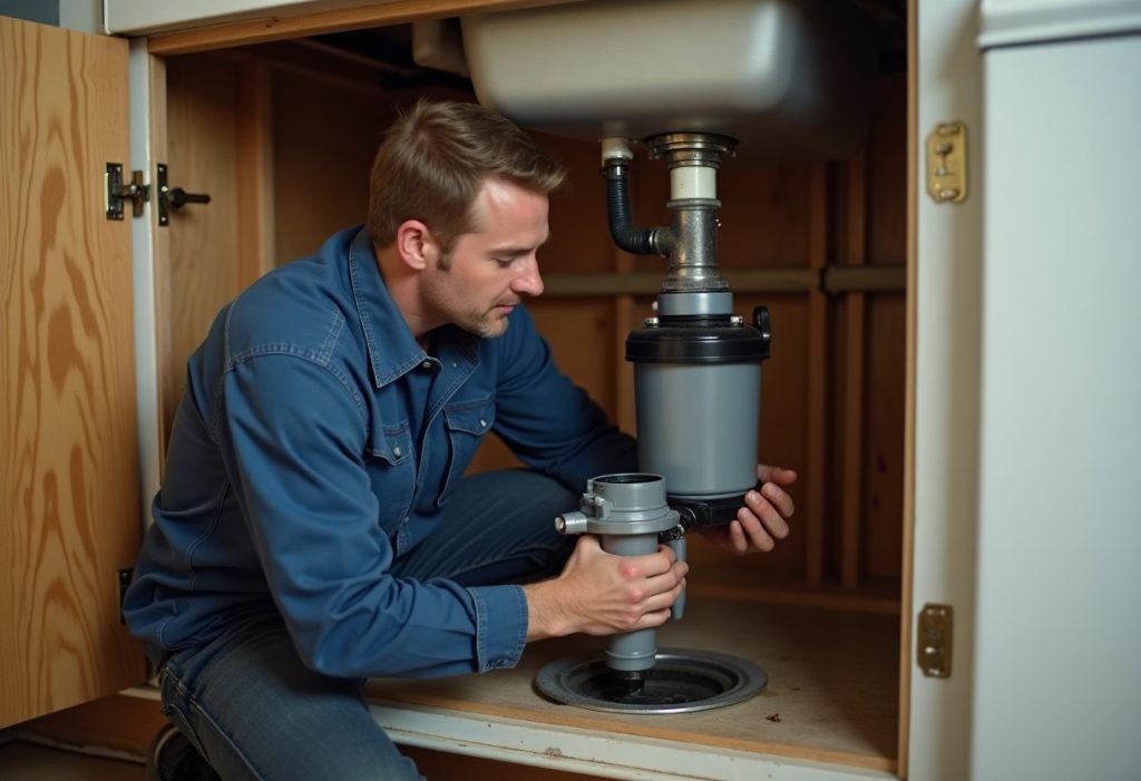 Plumber fitting a garbage disposal unit under a kitchen sink drain