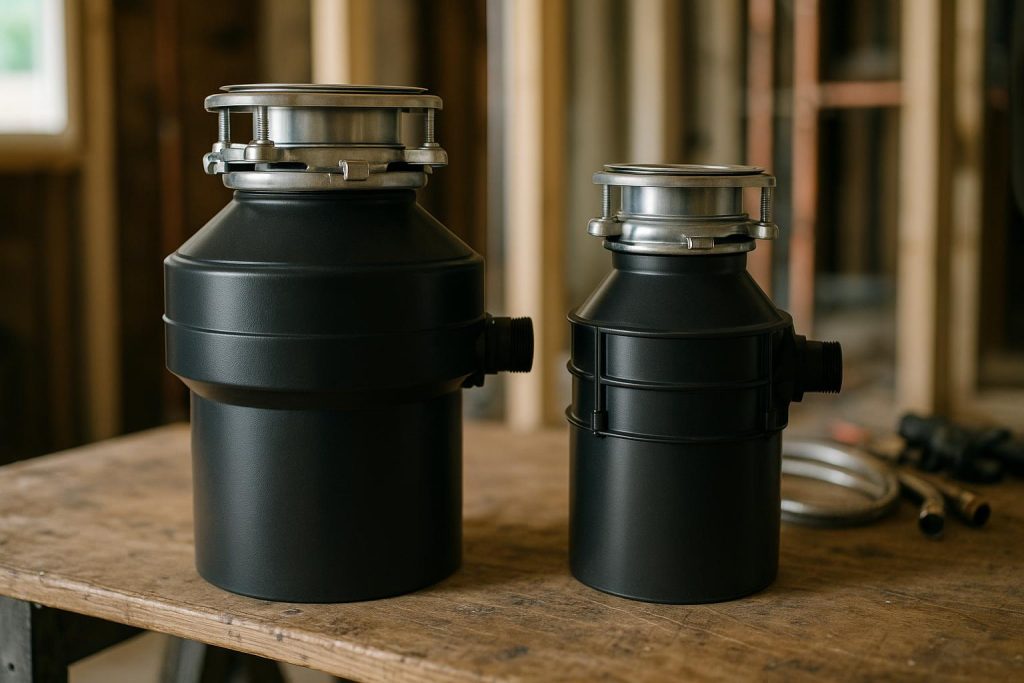 Two garbage disposal units of different sizes side by side