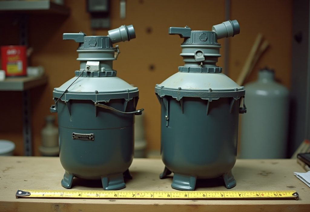 Two different sized garbage disposal units on a workbench