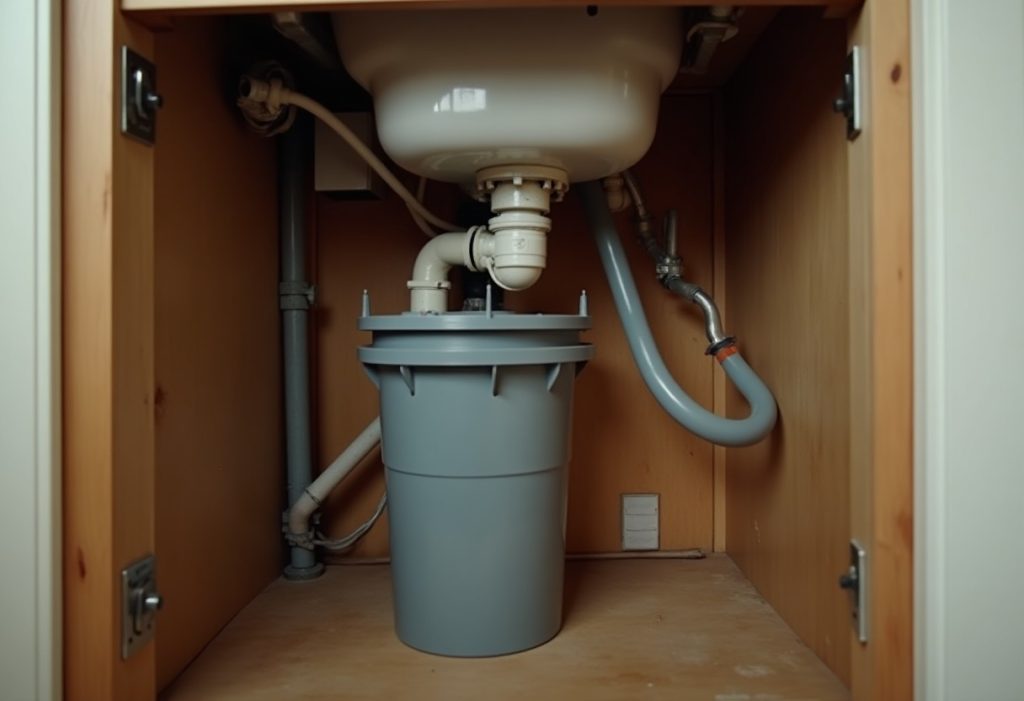 Garbage disposal mounted beneath a kitchen sink with pipe connections