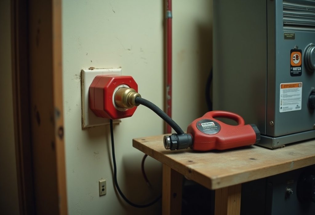 Plug-in gas alarm in wall outlet and handheld gas detector on workbench near furnace