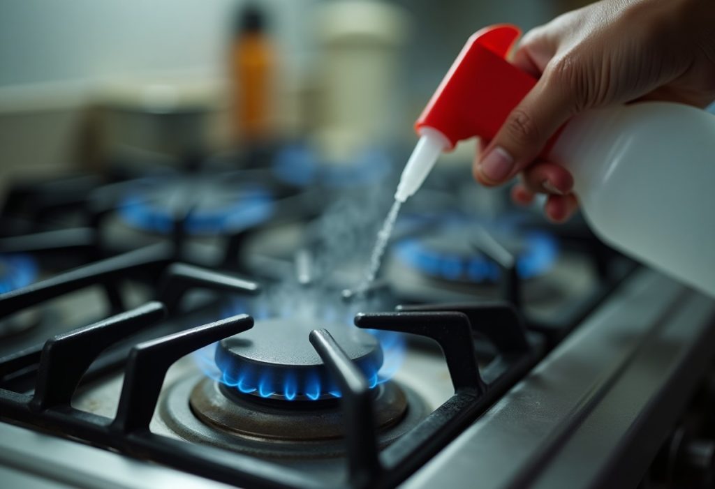 Hand spraying soap solution on a gas line fitting beneath a stove burner
