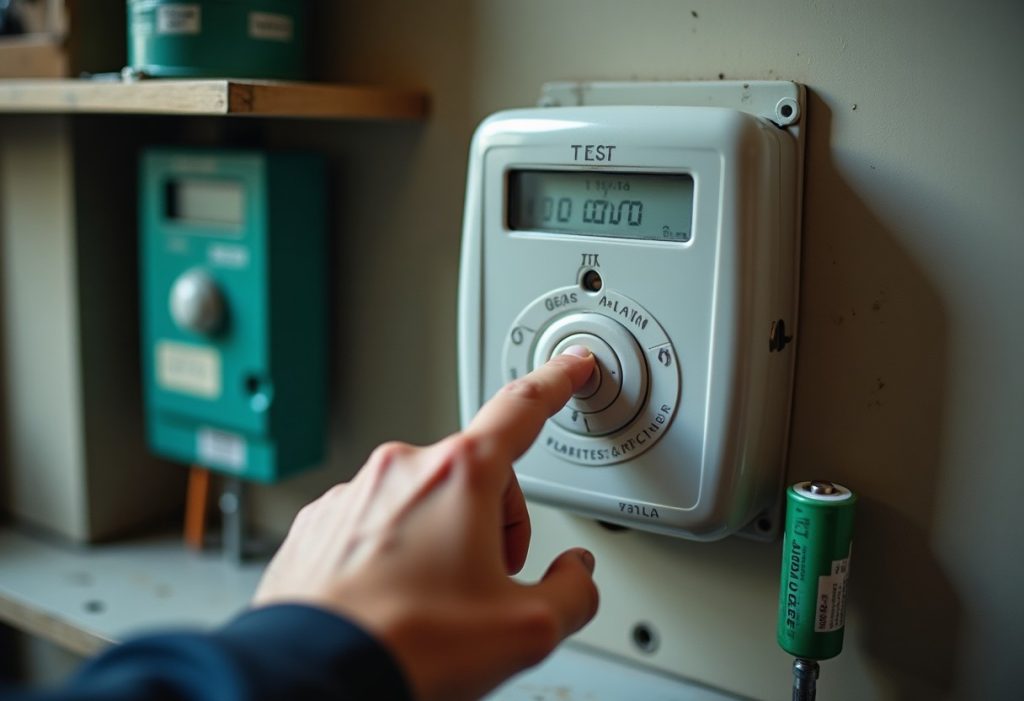 Finger pressing test button on open gas alarm with battery and screwdriver nearby