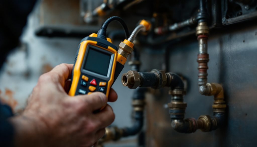 A handheld combustible gas leak detector with a flexible probe held near a black iron gas pipe union behind an appliance