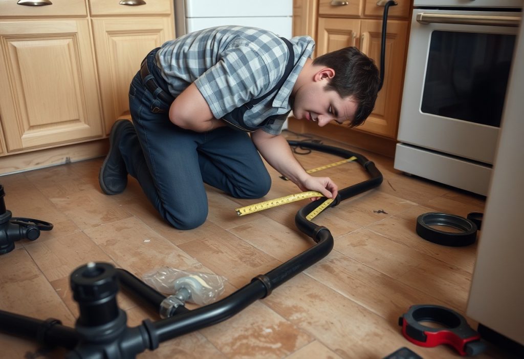 Plumber measuring black iron pipe on kitchen floor near stove