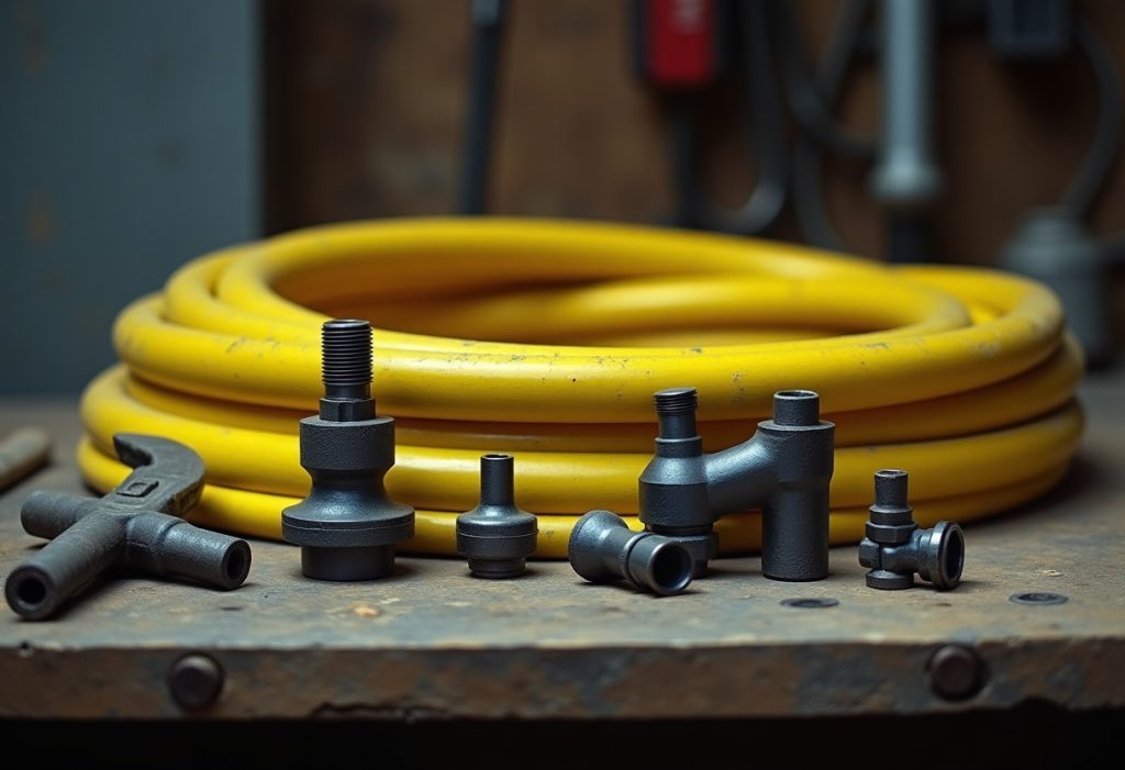 Coiled CSST tubing beside threaded black iron pipe fittings