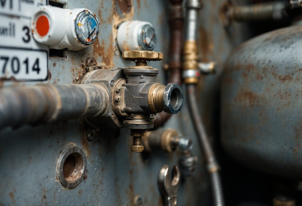 Gas shutoff valve and connector hose behind a stove