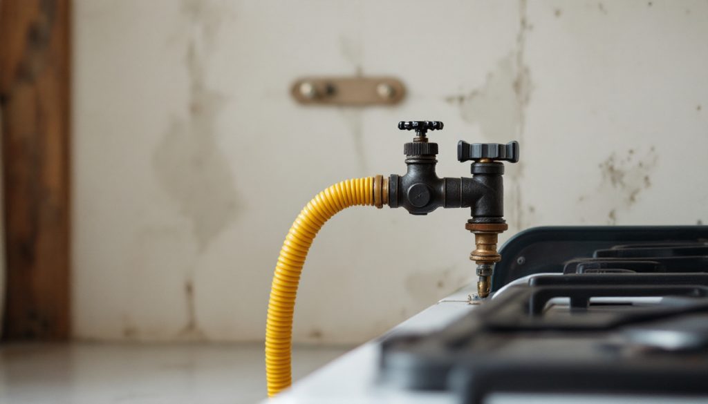 A yellow-coated flexible gas connector attached to a black iron gas stub-out and shutoff valve on a kitchen wall behind