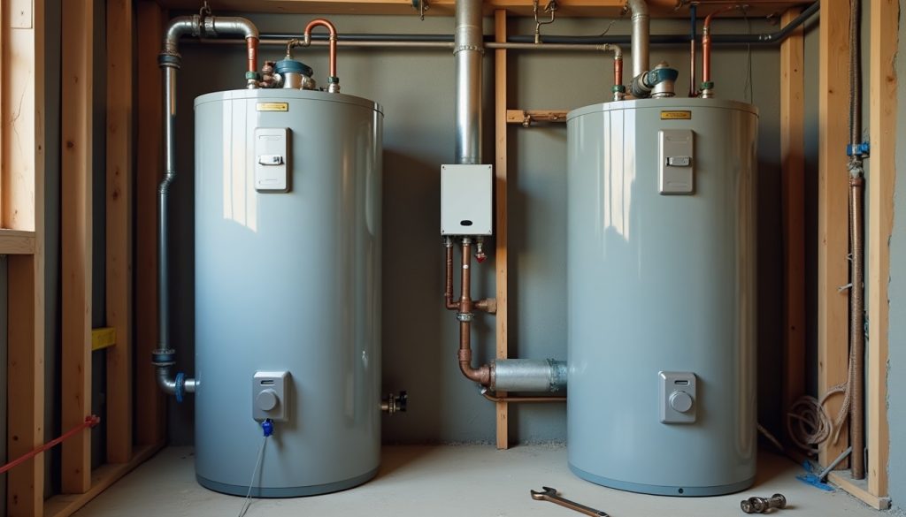 Close-up of gas and electric water heater pipe connections, vent, conduit, and wiring with wrench and fittings on floor.