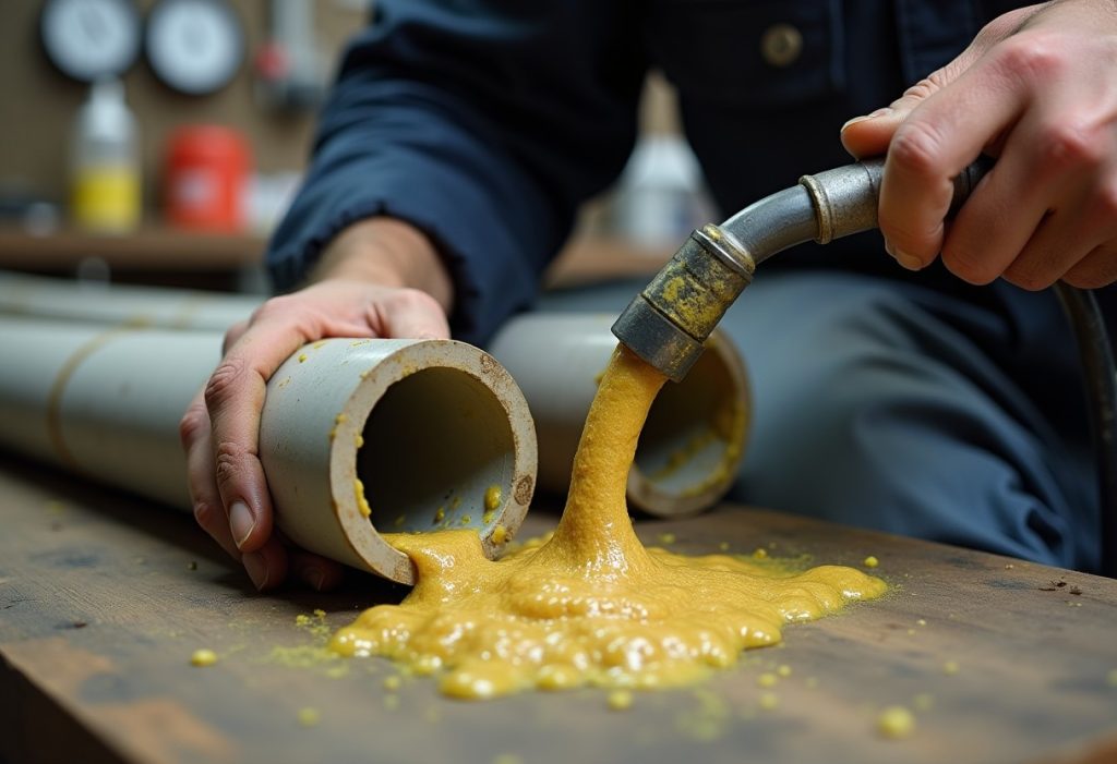 Plumber removes hardened grease buildup from inside a cut-open drain pipe