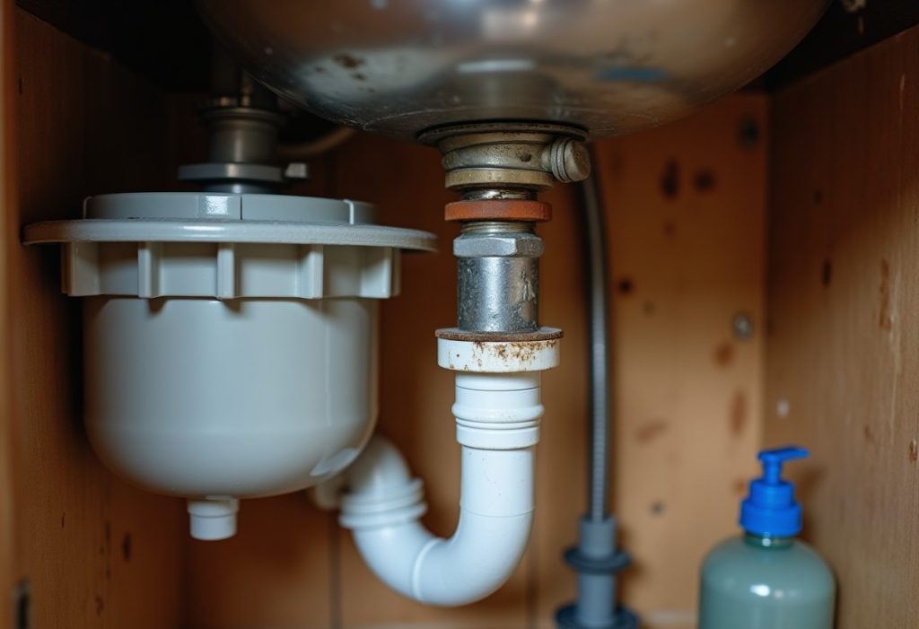 Plumber removes a drain trap showing grease buildup below a garbage disposal