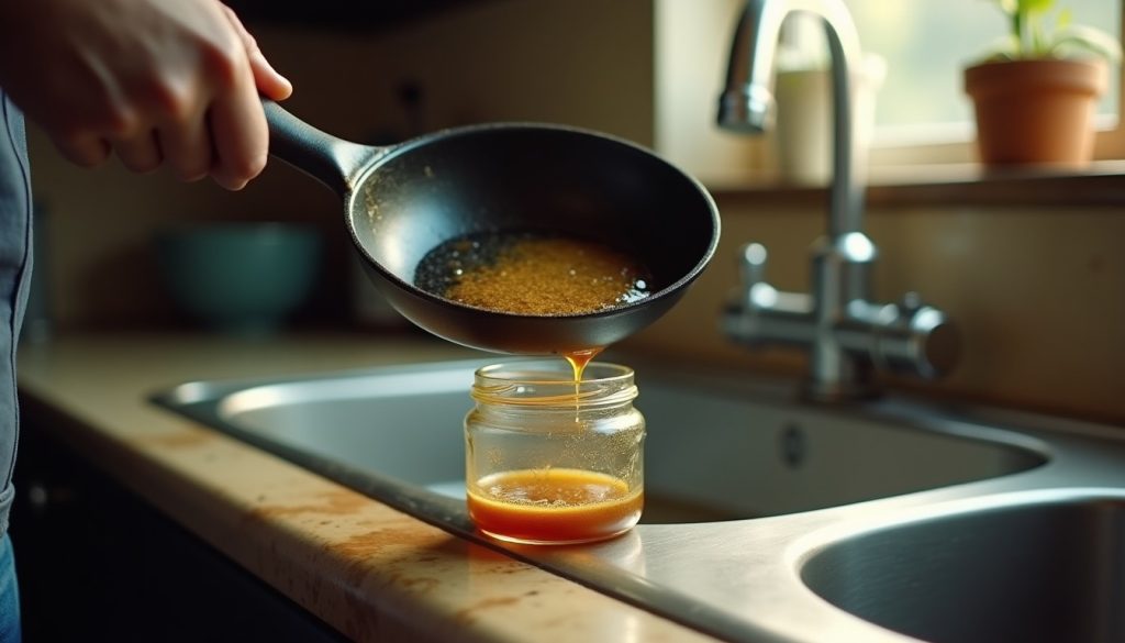 A frying pan with leftover cooking grease tilted over a small glass jar on a kitchen counter beside a stainless sink, wa