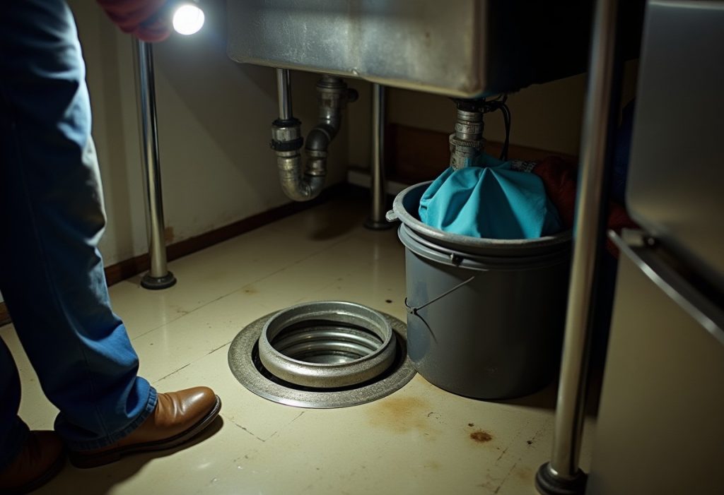 Plumber inspecting an open under-sink stainless steel grease trap in a commercial kitchen