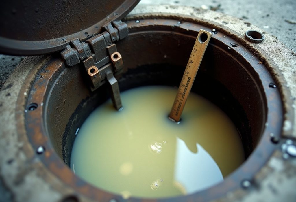 Open in-ground grease interceptor showing floating grease layer and a measuring stick