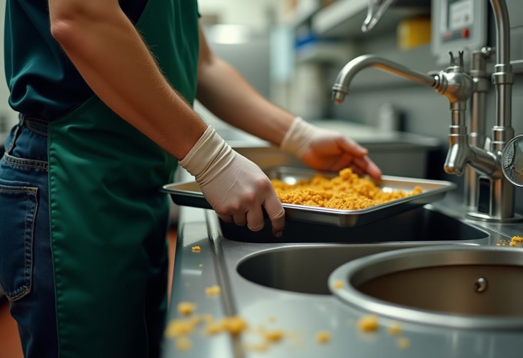Kitchen worker scraping food scraps into trash next to a sink with a mesh strainer