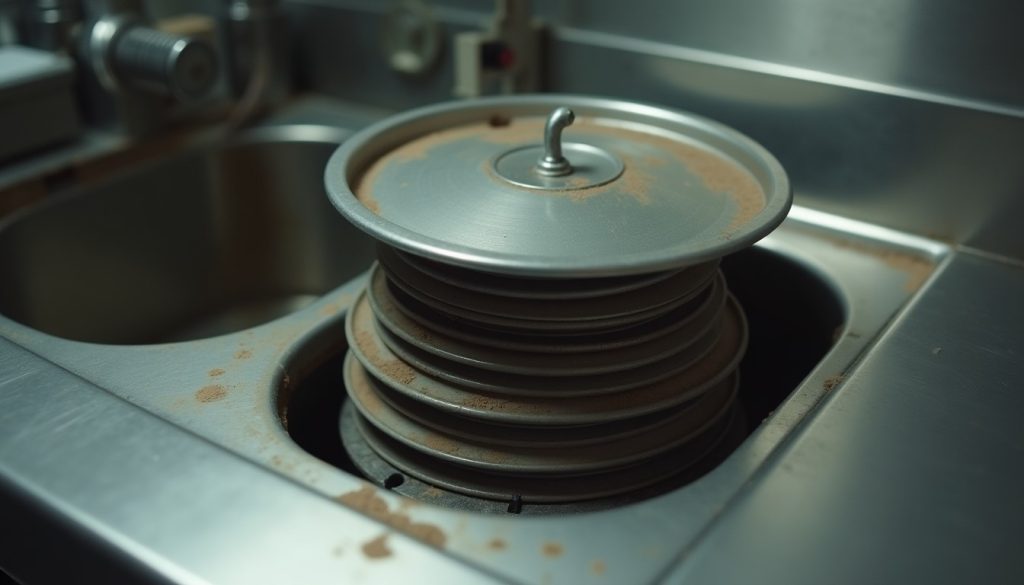A stainless steel under-sink grease interceptor in a commercial restaurant kitchen with its lid removed and baffles visi