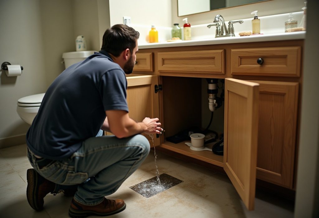 Water running down a bathroom sink drain with the cabinet open showing the P-trap