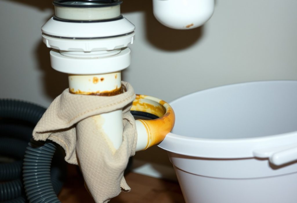 Greasy P-trap removed from under a kitchen sink with a bucket catching residue