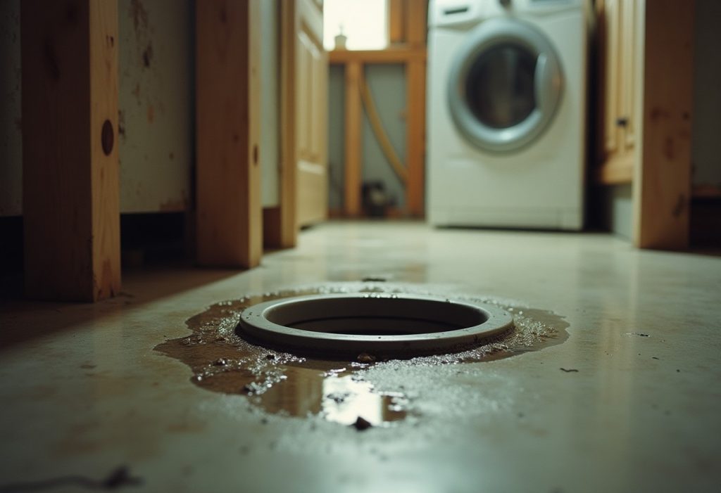 Basement floor drain backing up with water while a washing machine runs nearby