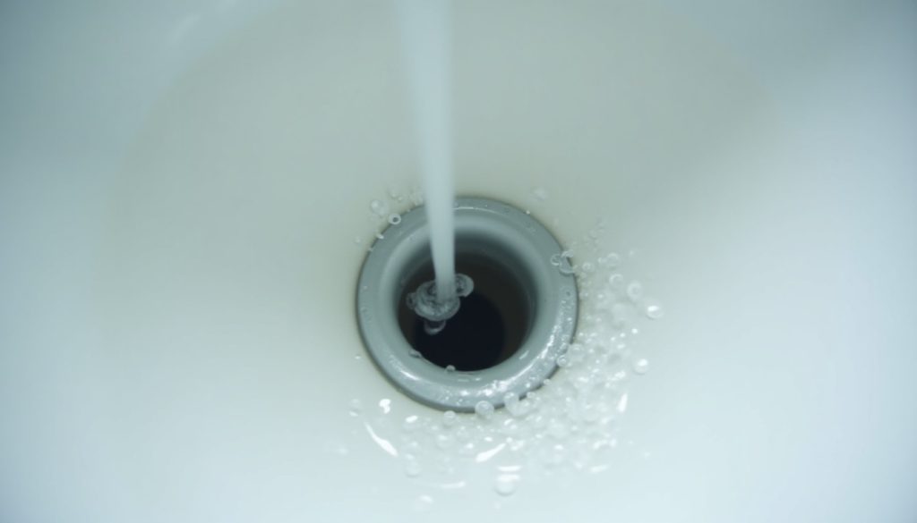 Water swirling slowly down a white bathroom sink drain with small air bubbles rising, close-up