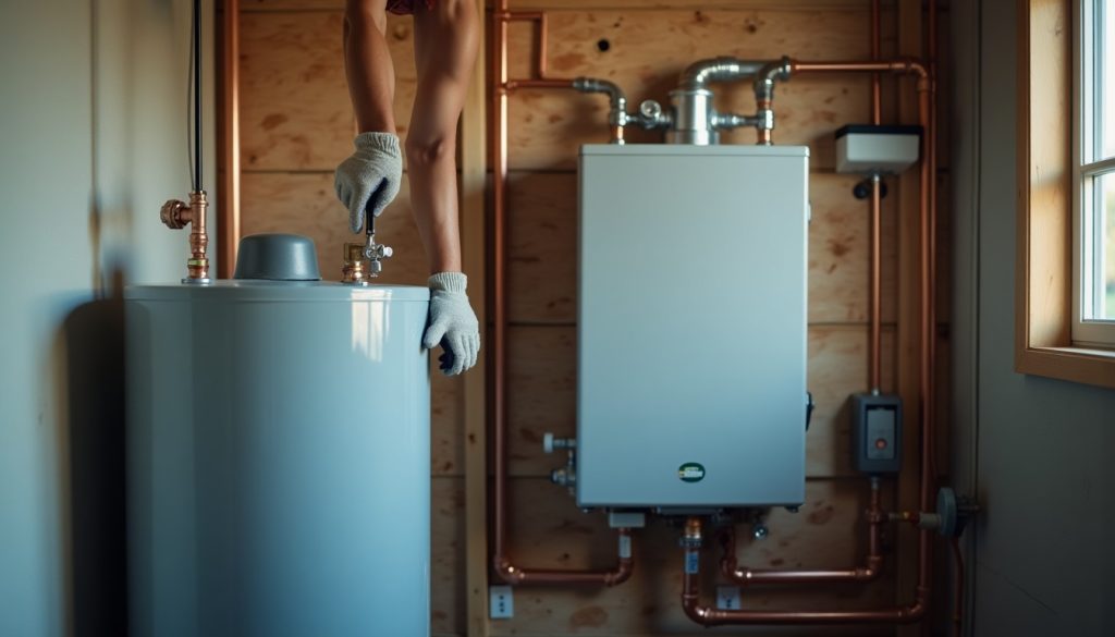 Close-up of gloved hands tightening a wrench on copper pipe fittings between two water heater units.