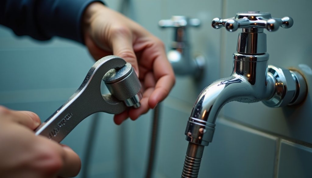 Chrome showerhead, faucet, and toilet valve with braided line, wet metal, wrench on fitting, no text visible.