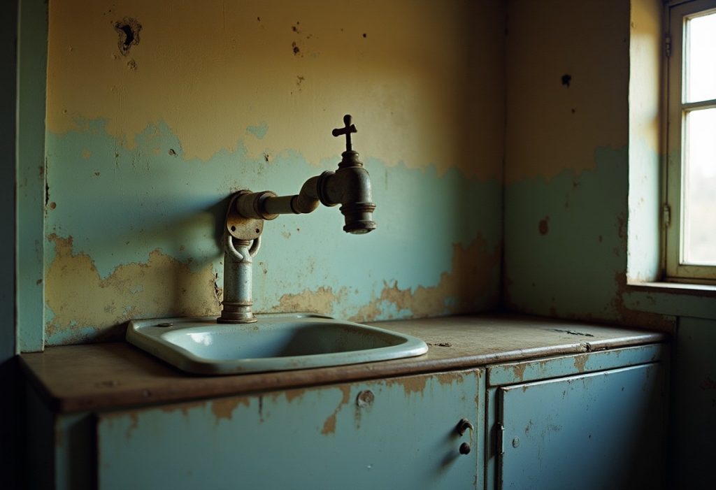 Old hand pump and galvanized pipe at a rural kitchen sink with no hot water line