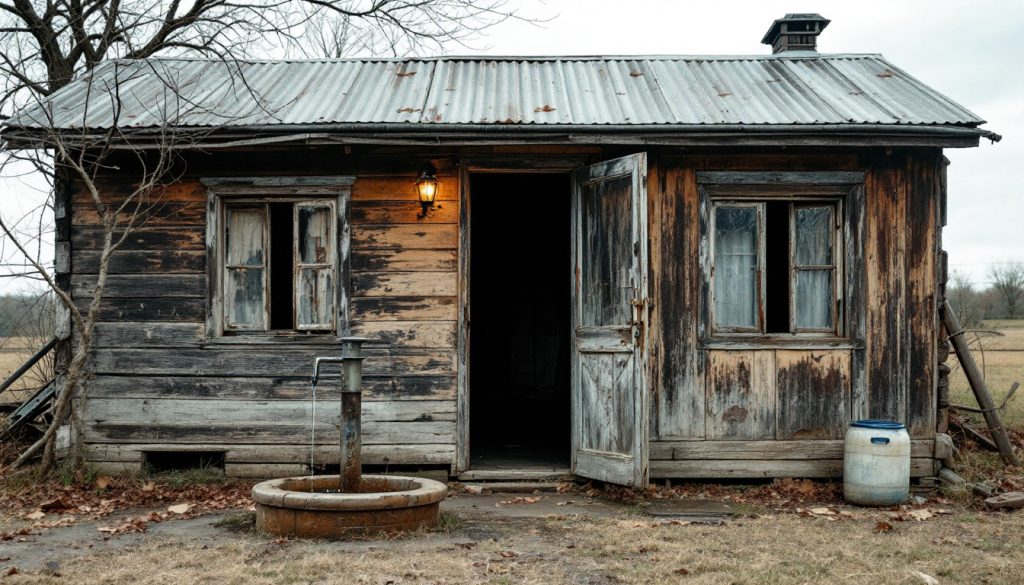 A weathered rural cabin with a hand water pump and a plastic water barrel in the yard