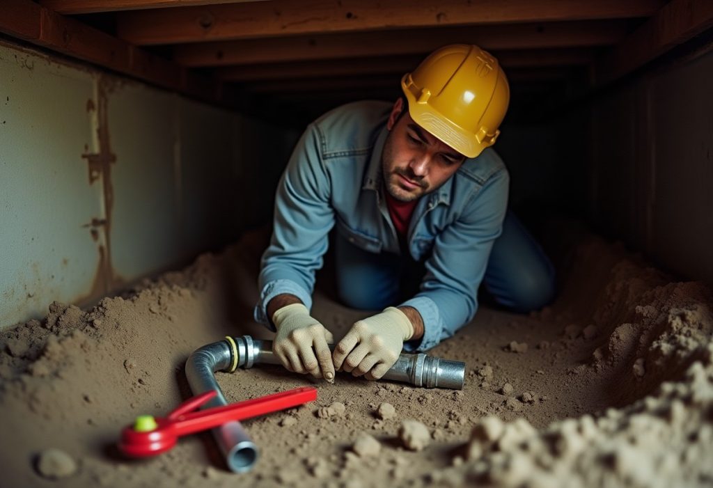 Plumber inspecting corroded pipe joint under a mobile home with pipe wrench nearby