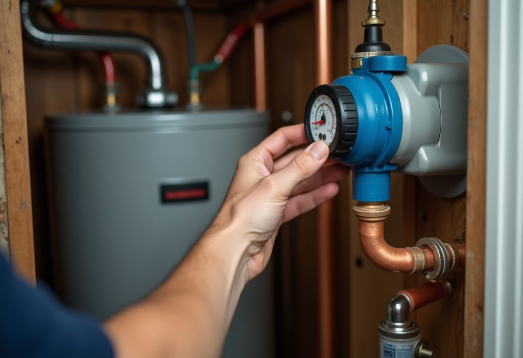 Hand adjusting a timer dial on a recirculation pump beside copper pipes