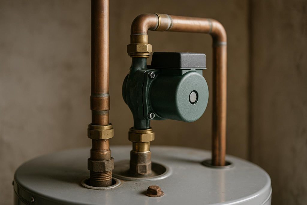 A hot water recirculation pump on copper pipes at a water heater
