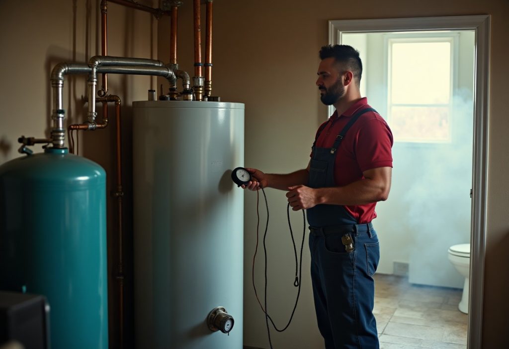 Plumber timing shower water heater performance with a stopwatch near a tank
